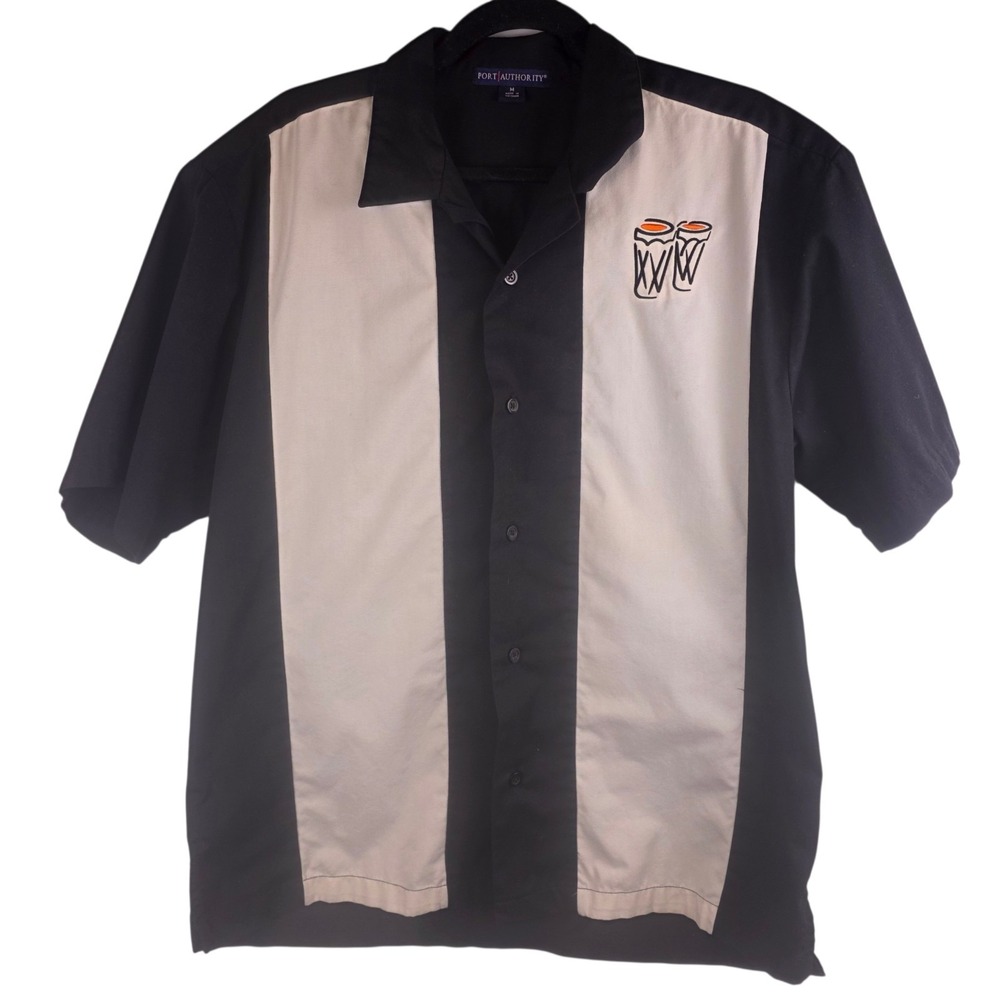 Port Authority Bowling‎ Shirt Men's M Black White Stripe Retro Button Up
